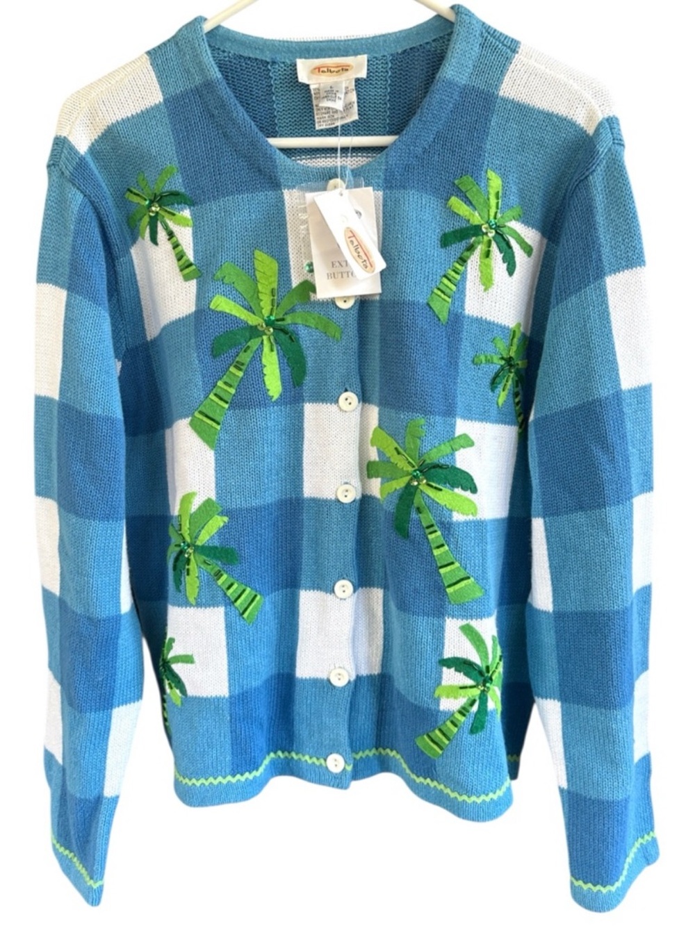 NWT Talbots Vintage Checkered Beaded Palm Tree Cardigan Sweater Size Large